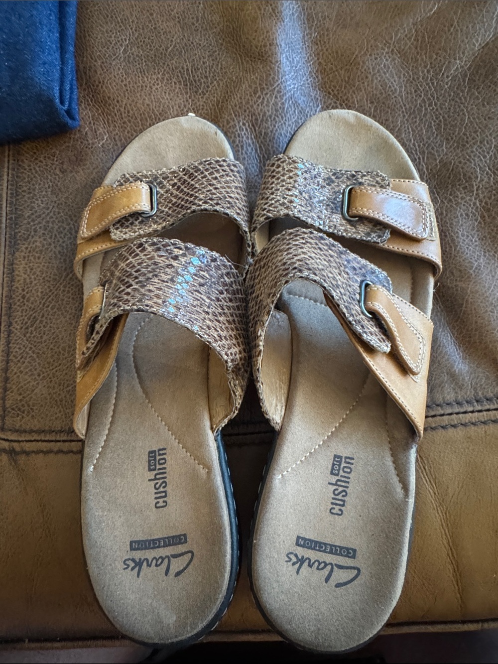 Clarks Women's Two-Strap Slide Sandal in Brown and Tan Snake Print